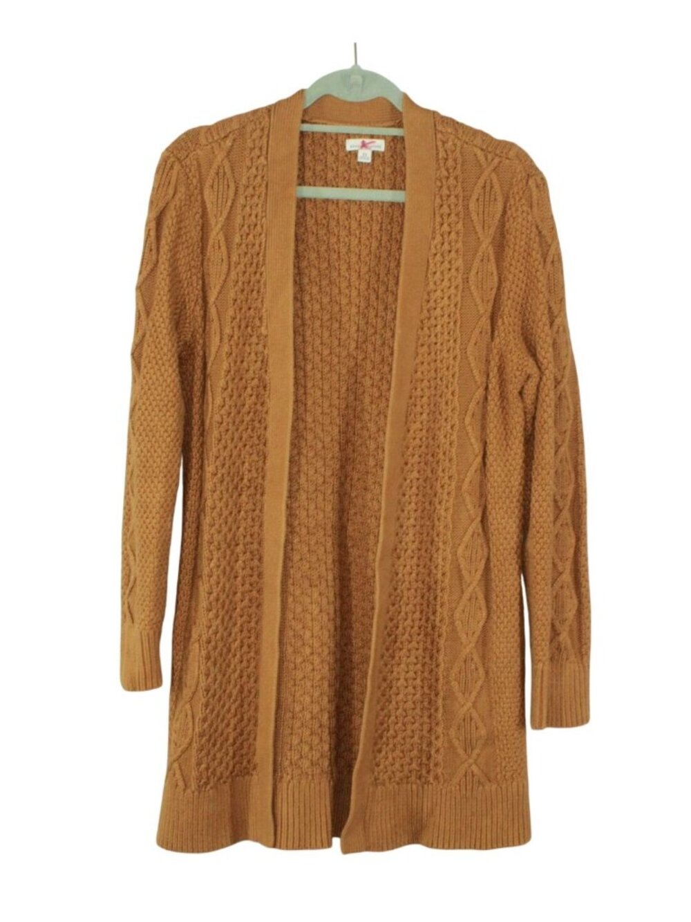 LL Bean Women's Signature Mustard Cable Knit Open Longline Cardigan Cotton XS
